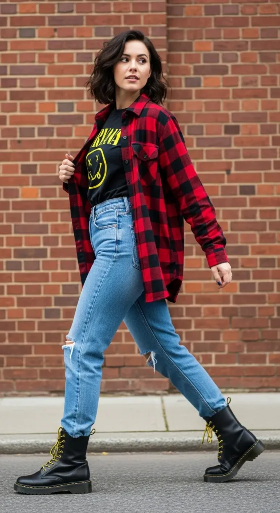 14. Band Tee + Flannel + Distressed Jeans