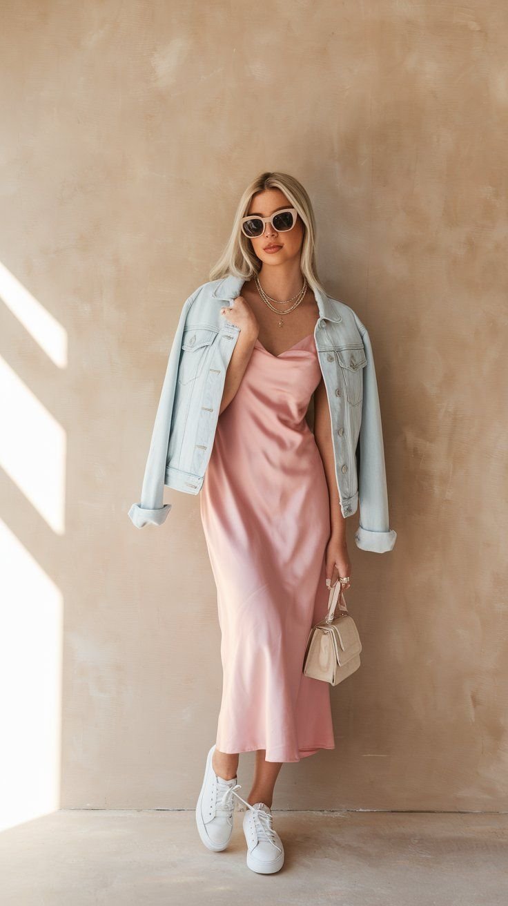 9. Pink Slip Dress + White Sneakers