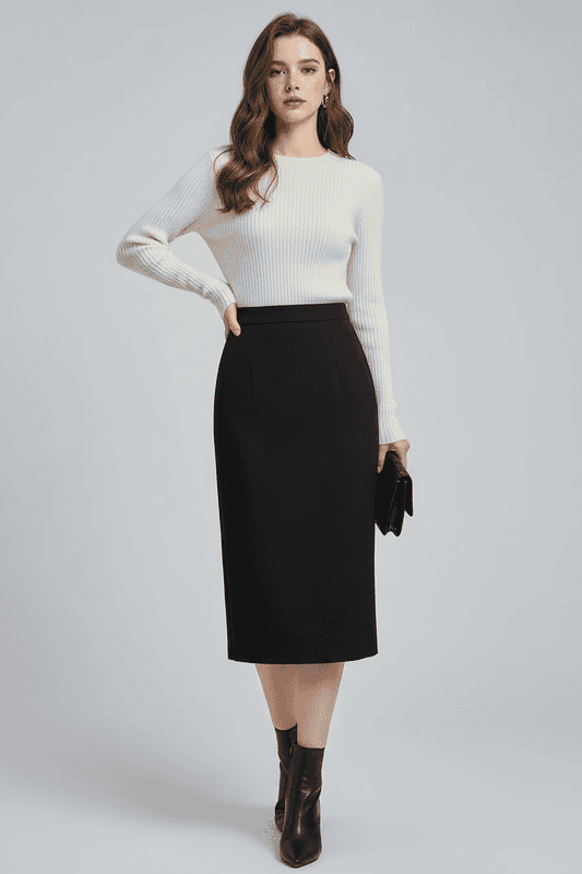 17. Cream Sweater + Black Midi Skirt
