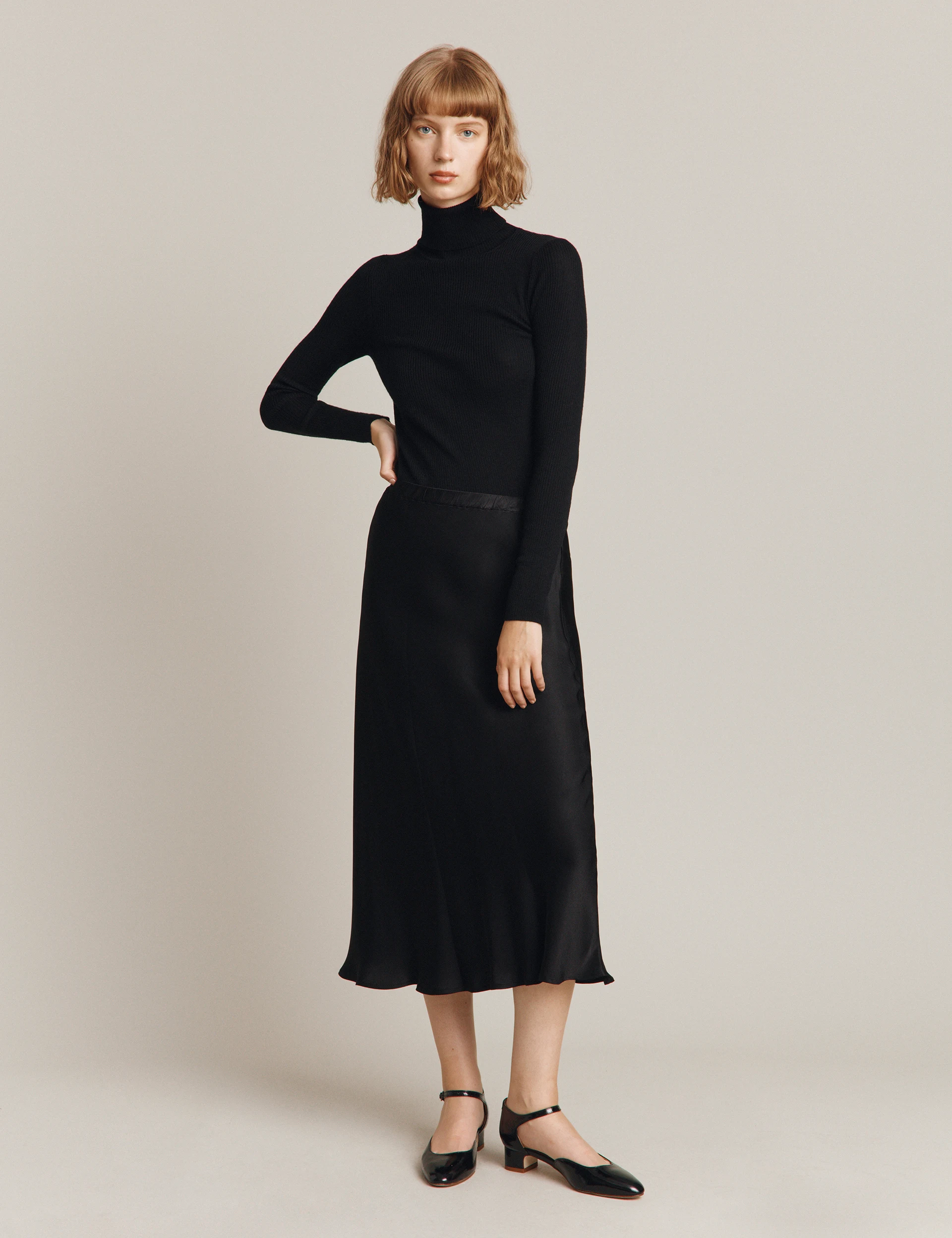 Satin slip skirt with black turtleneck fall evening outfit