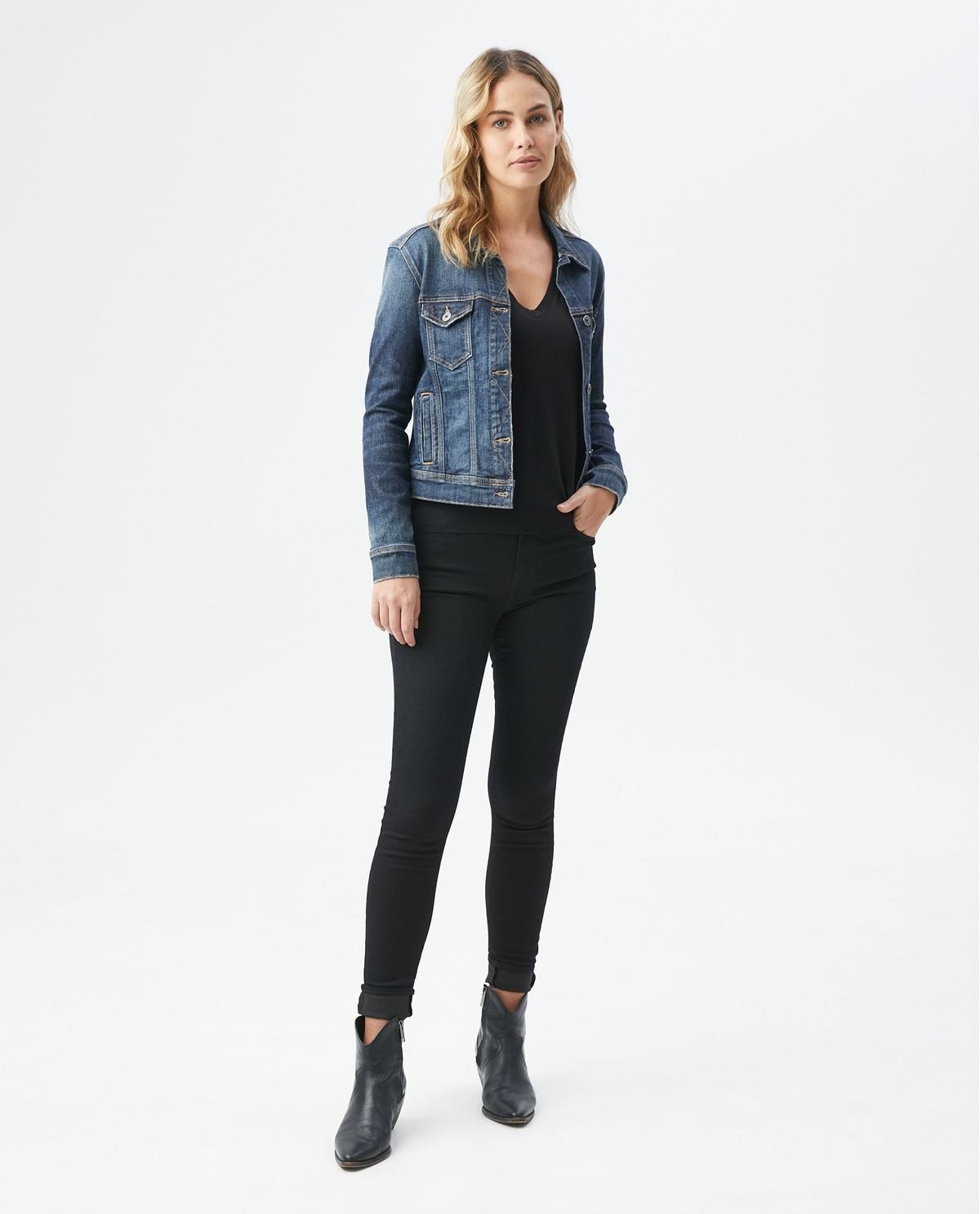 Denim jacket with black leggings and ankle boots casual outfit