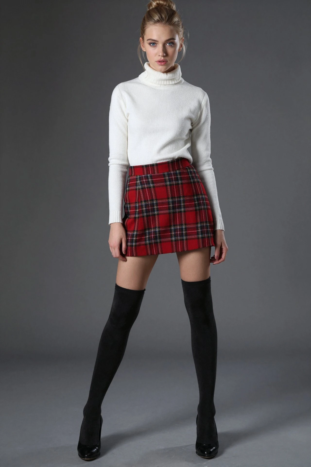 Woman wearing a white turtleneck with a red plaid skirt