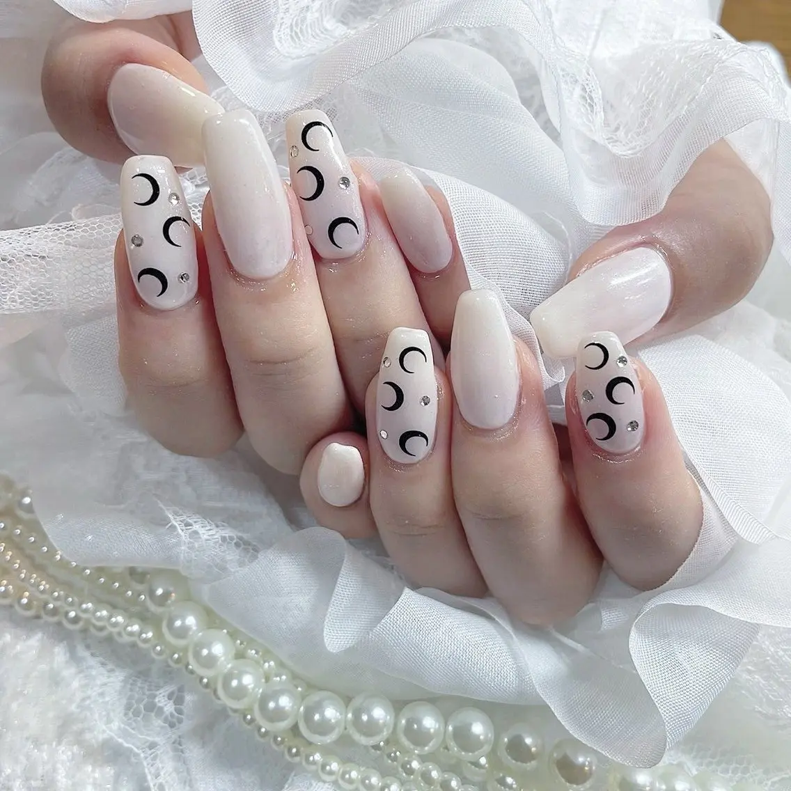 Greige Coffin Nails with Mini Moon Phases