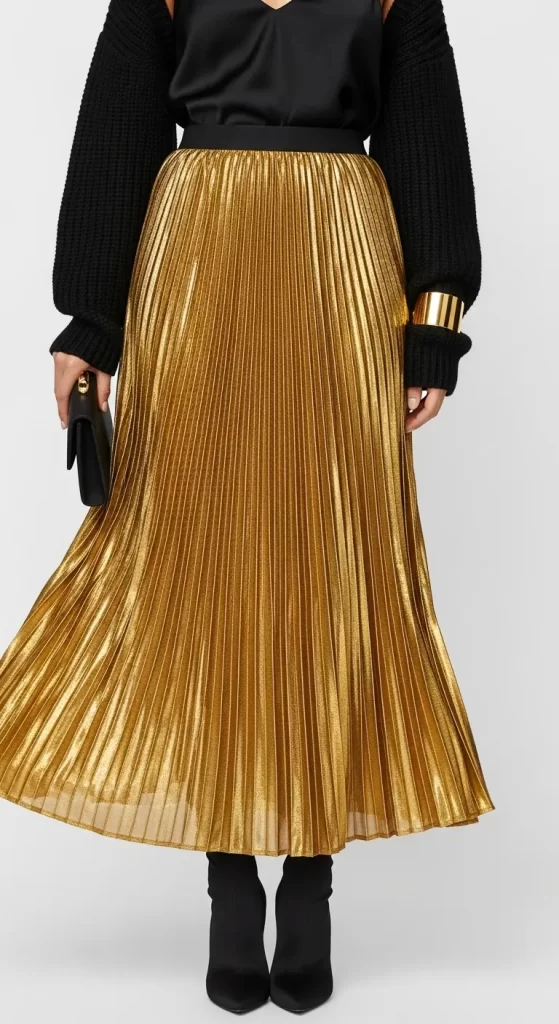 Woman wearing a gold pleated midi skirt