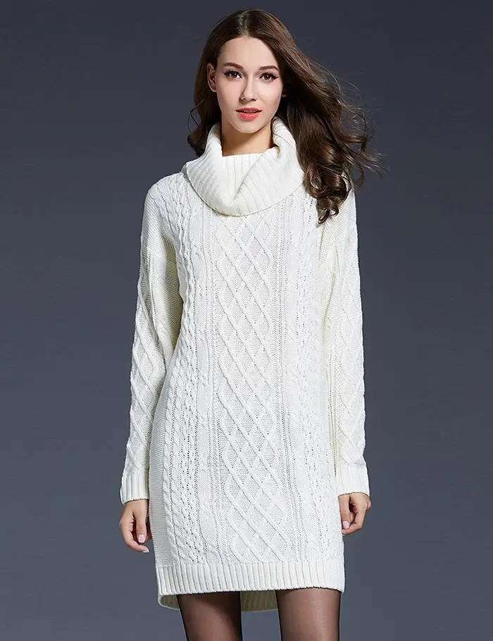 Woman in a cream cable-knit sweater dress