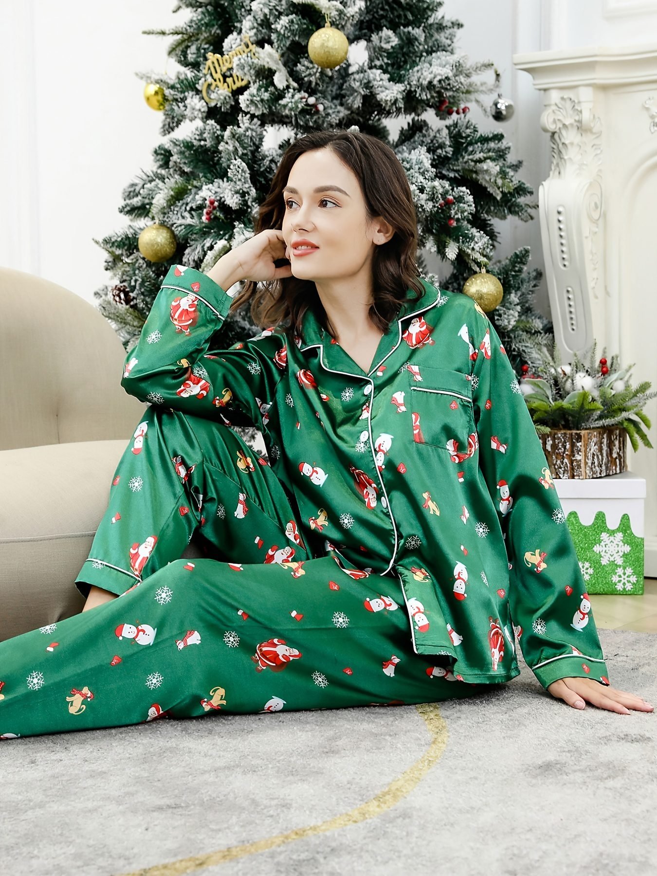 Woman in a matching Christmas pajama set