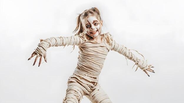 Woman wearing a mummy Halloween costume wrapped in bandages