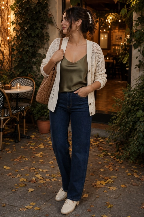 Satin camisole with cardigan and jeans fall evening outfit