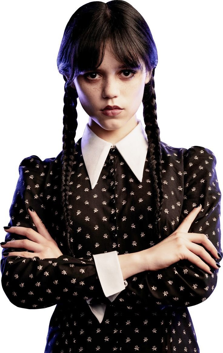 Woman in a Wednesday Addams Halloween costume with braids