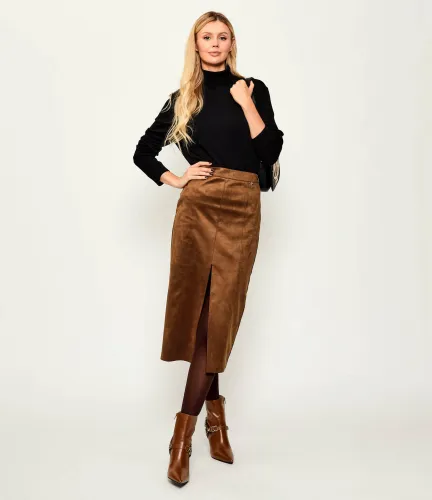 Suede skirt with turtleneck and tights fall outfit