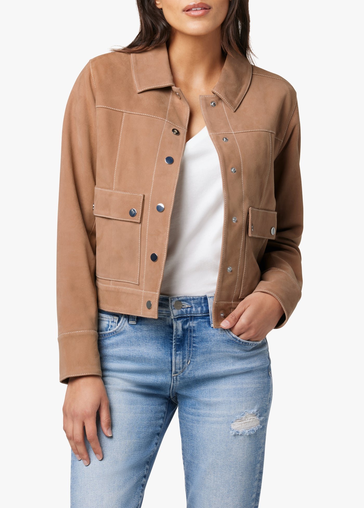 Camel suede trucker jacket styled with jeans for fall