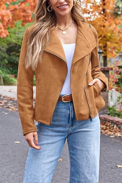 Brown suede moto jacket outfit for autumn
