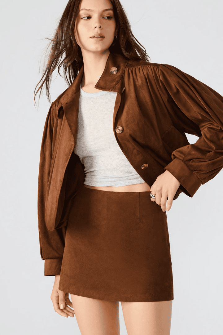 Matching brown suede skirt and top co ord set fall outfit