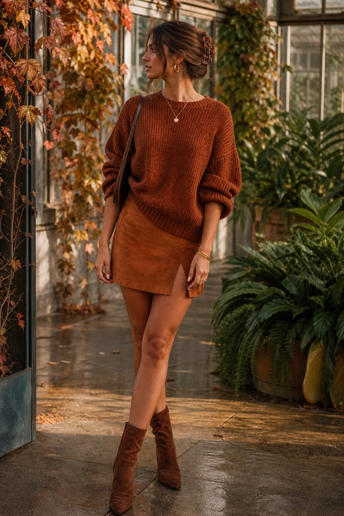 Slouchy suede boots with skirt fall outfit