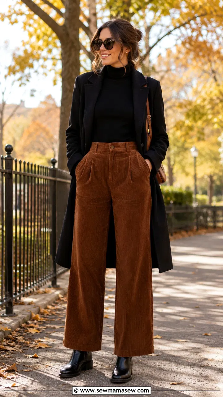 Woman wearing wide-leg brown corduroy pants with a fitted black turtleneck for fall