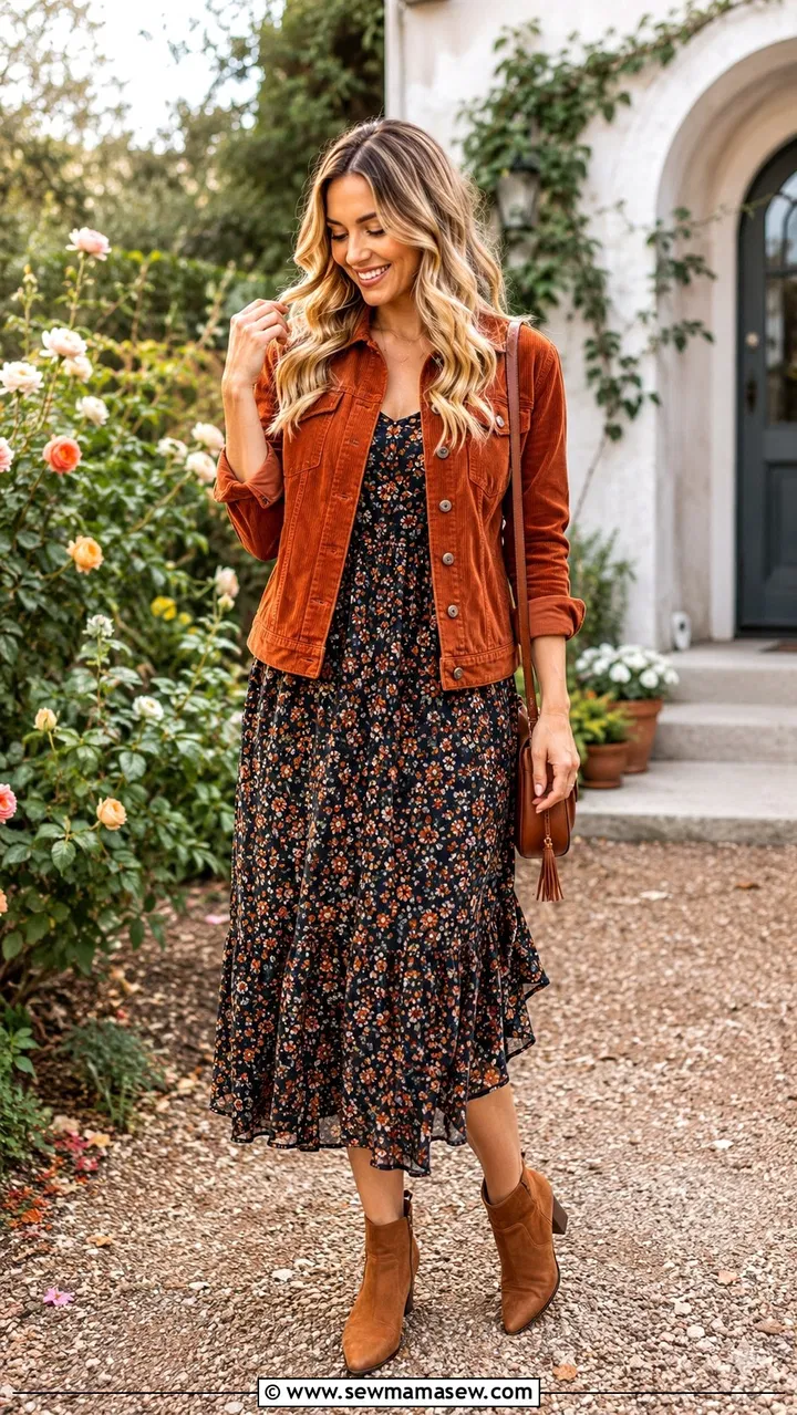 Woman wearing a corduroy trucker jacket over a midi dress with boots