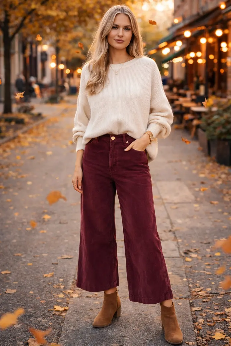 Woman wearing burgundy corduroy trousers with a cream cable-knit sweater