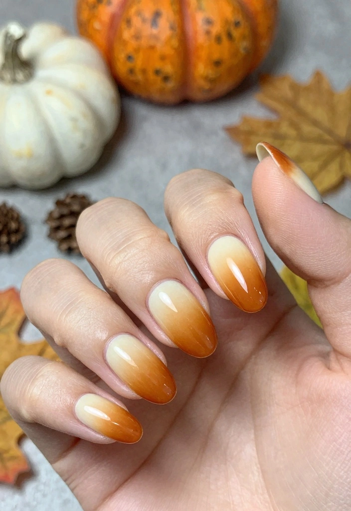 Long almond nails with orange pumpkin spice ombre nail design