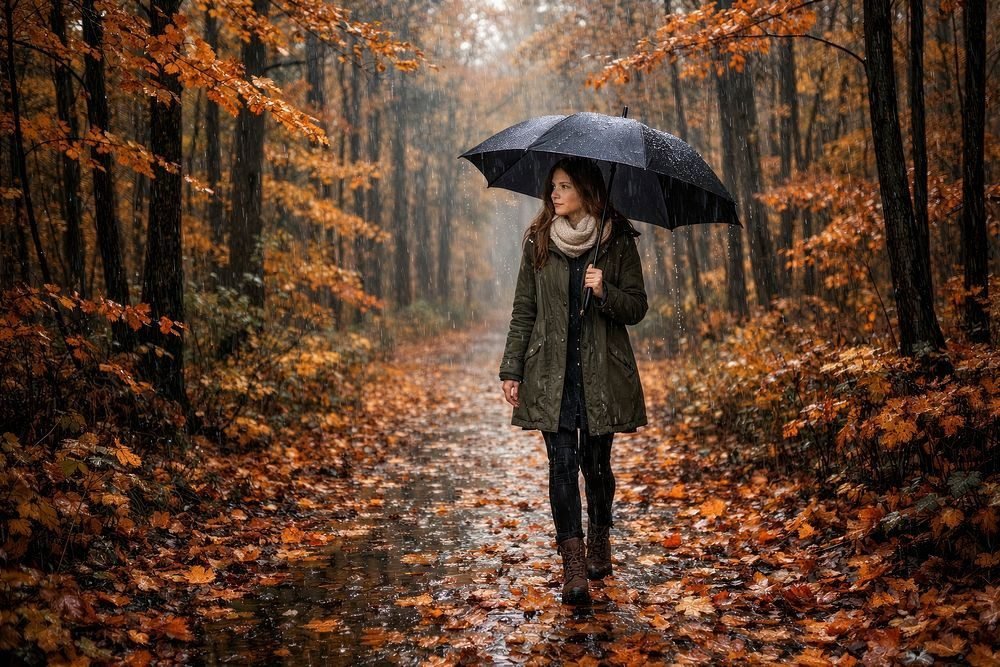 Navy umbrella with grey wool coat fall outfit