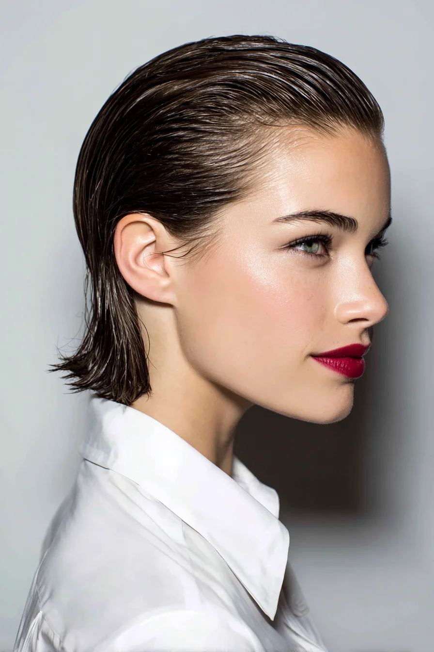 Wet look slicked back vampire hairstyle