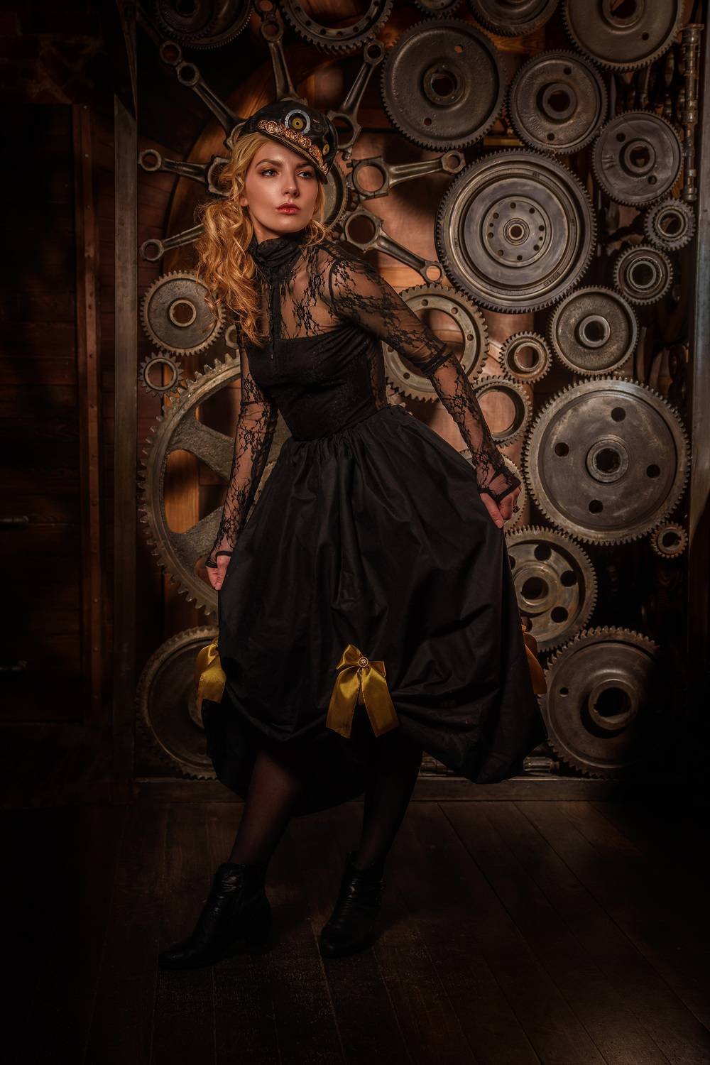 Steampunk Victorian Halloween costume with a black dress