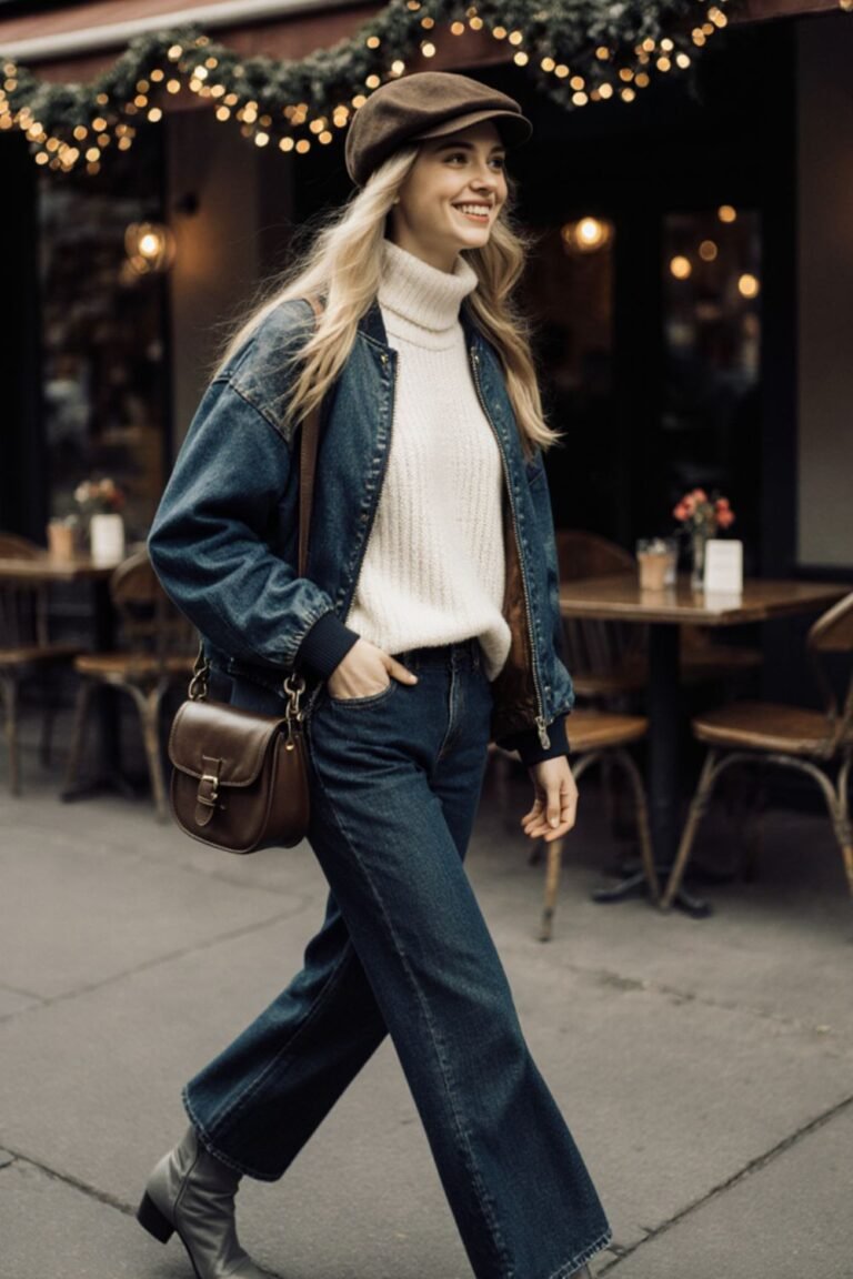 Woman in denim jacket over chunky knit sweater with wide-leg pants