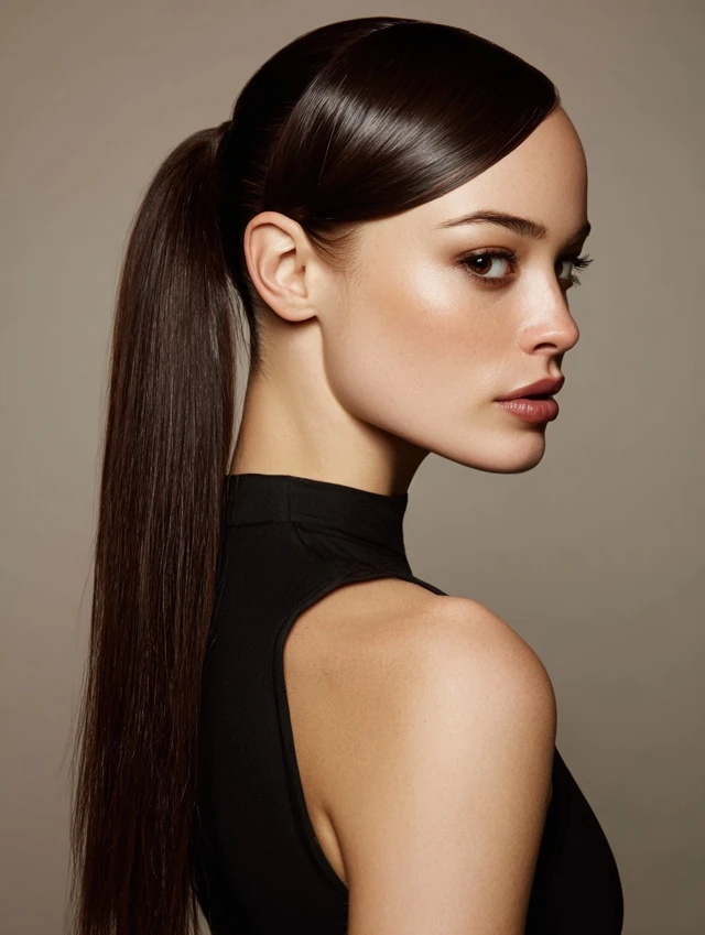 Sleek high ponytail dark gloss vampire hairstyle