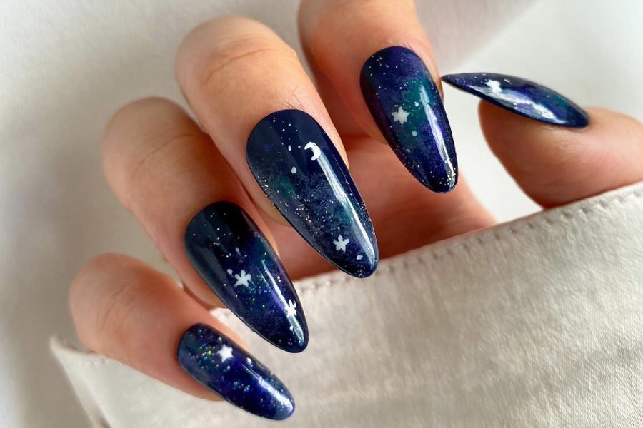 Dark Blue Galaxy Nail Art Stars