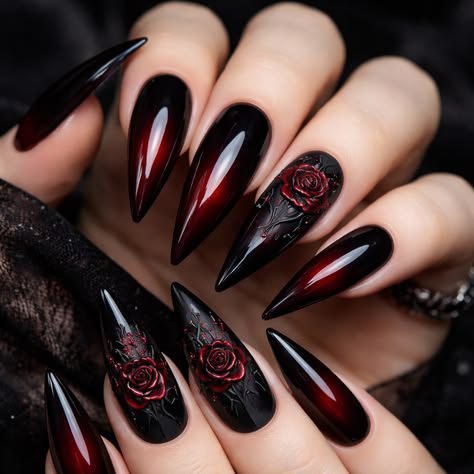Long nails with dark moody floral gothic nail art