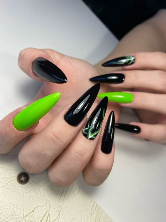 Black Nails Neon Green Accent