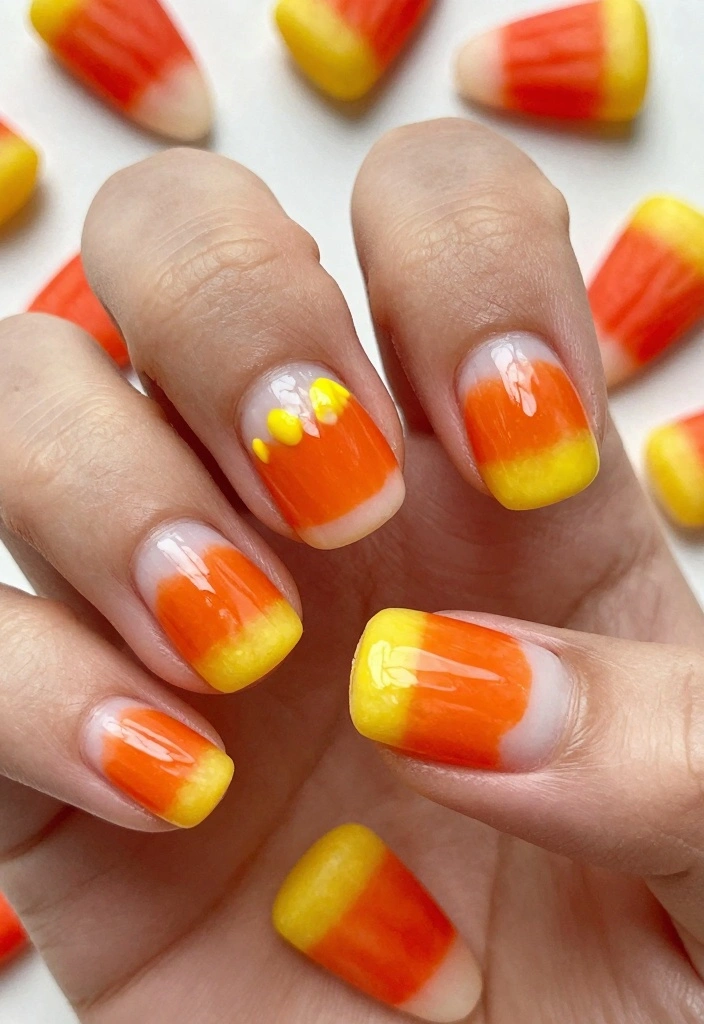 Cream Halloween nails with a candy corn accent nail