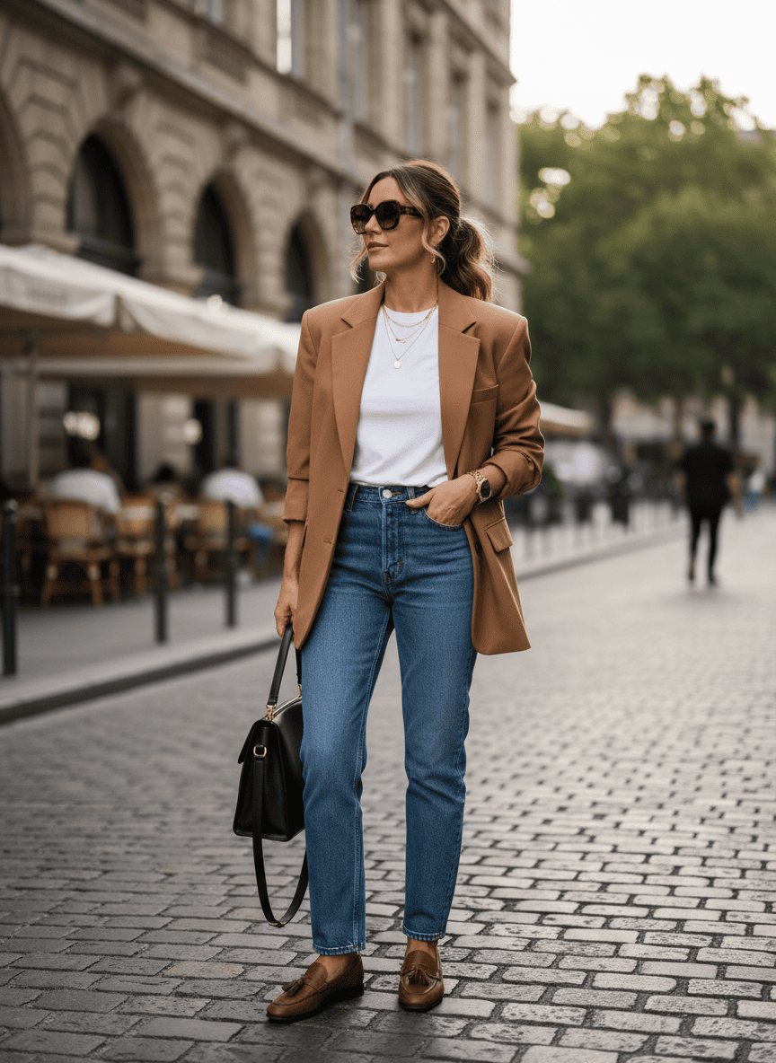 Woman wearing oversized blazer, white tee, straight-leg jeans and loafers