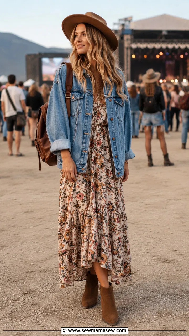 Boho maxi dress with denim jacket fall festival outfit