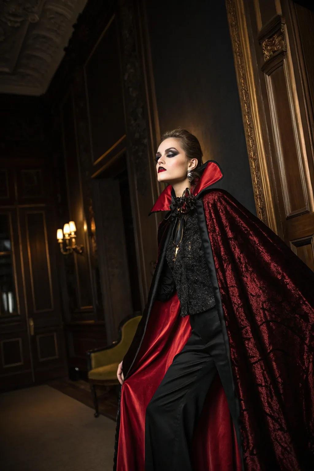 Woman in elegant vampire queen Halloween costume with cape