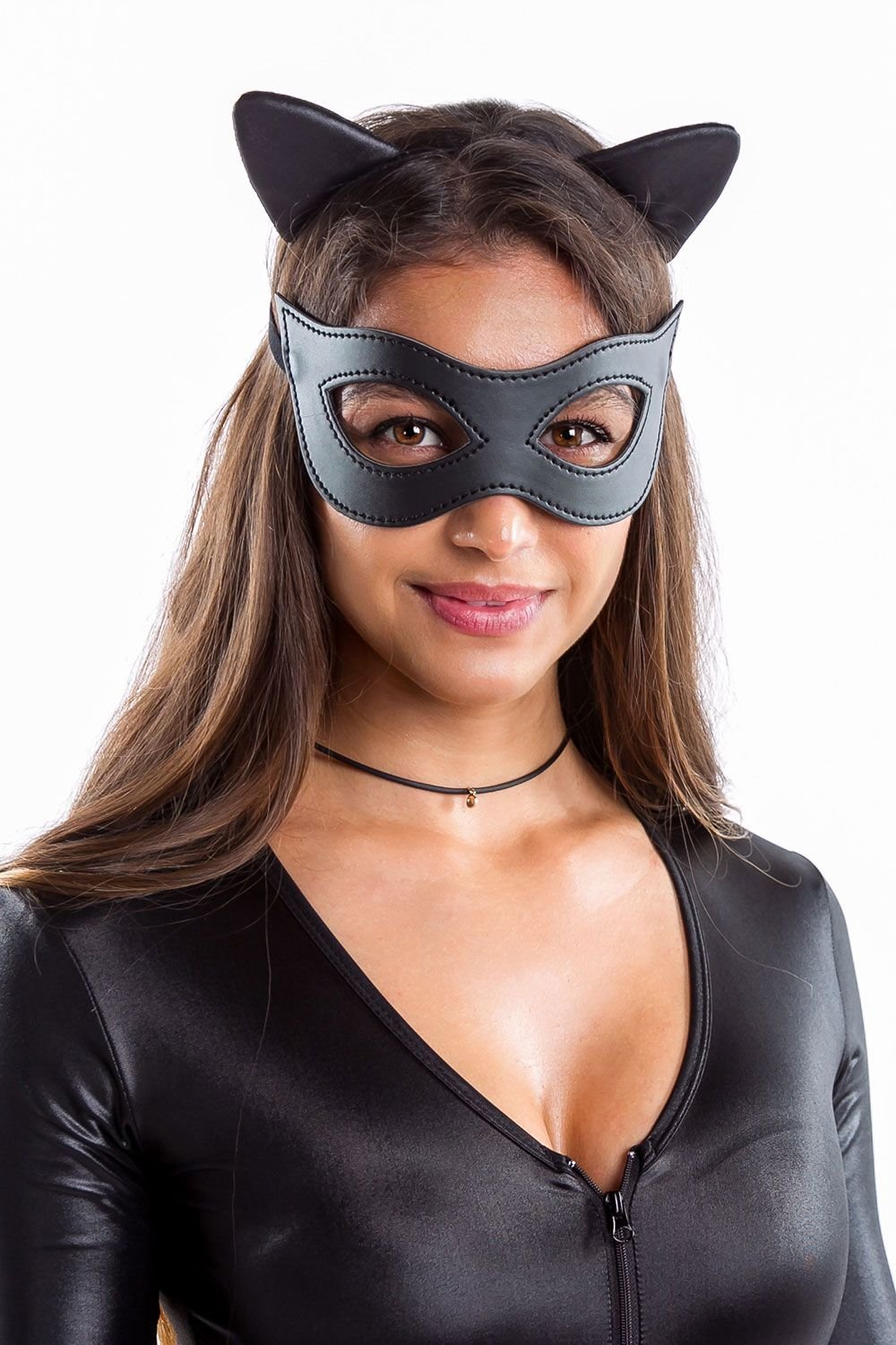 Woman in black cat Halloween costume with ears