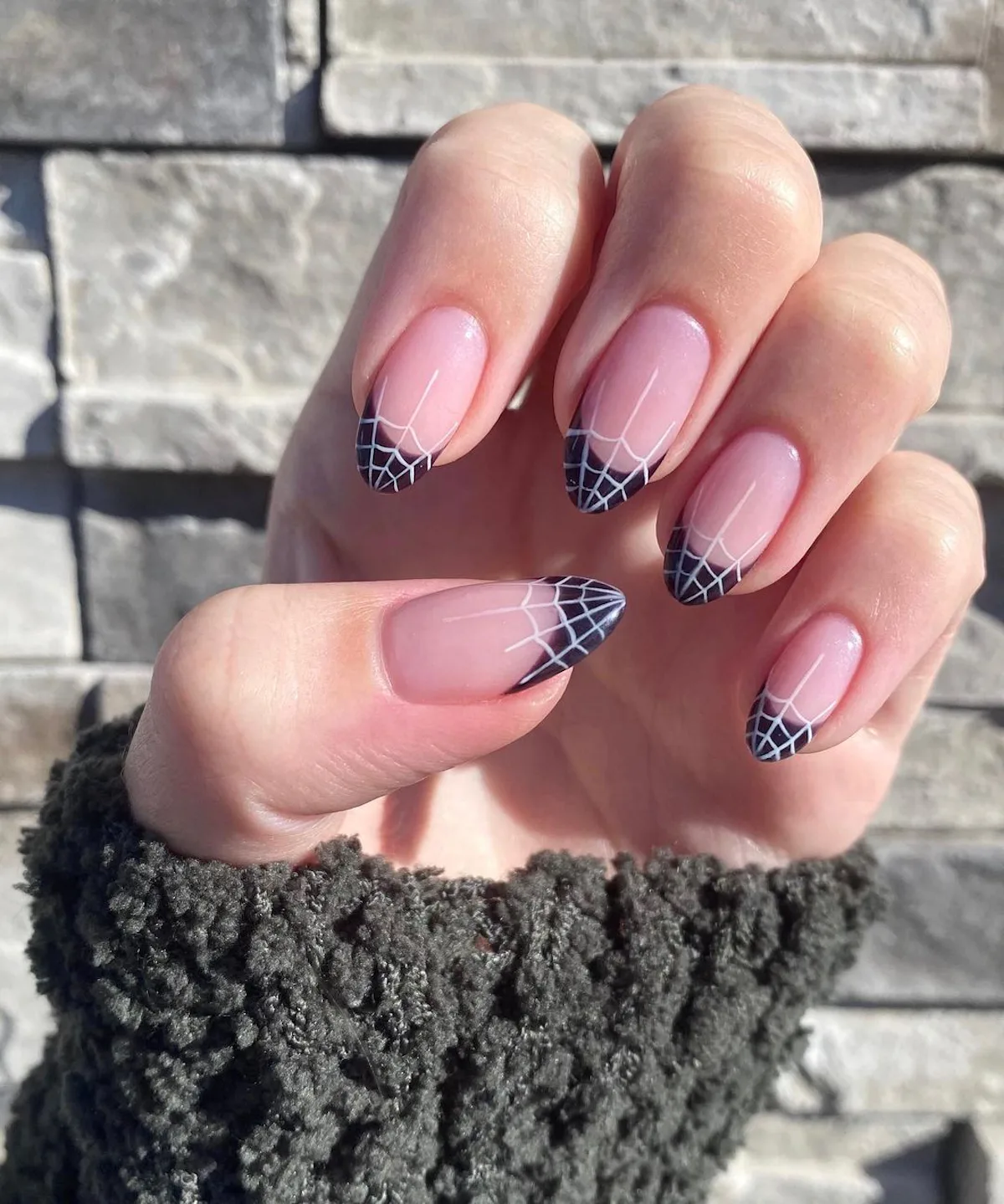 Nude Almond with Spiderweb French Tips