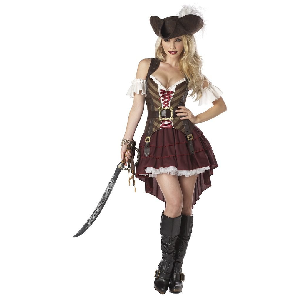 Woman in pirate queen Halloween costume with hat and boots