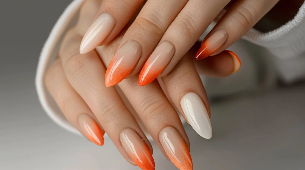 Sheer Nude with Orange Ombré Tips