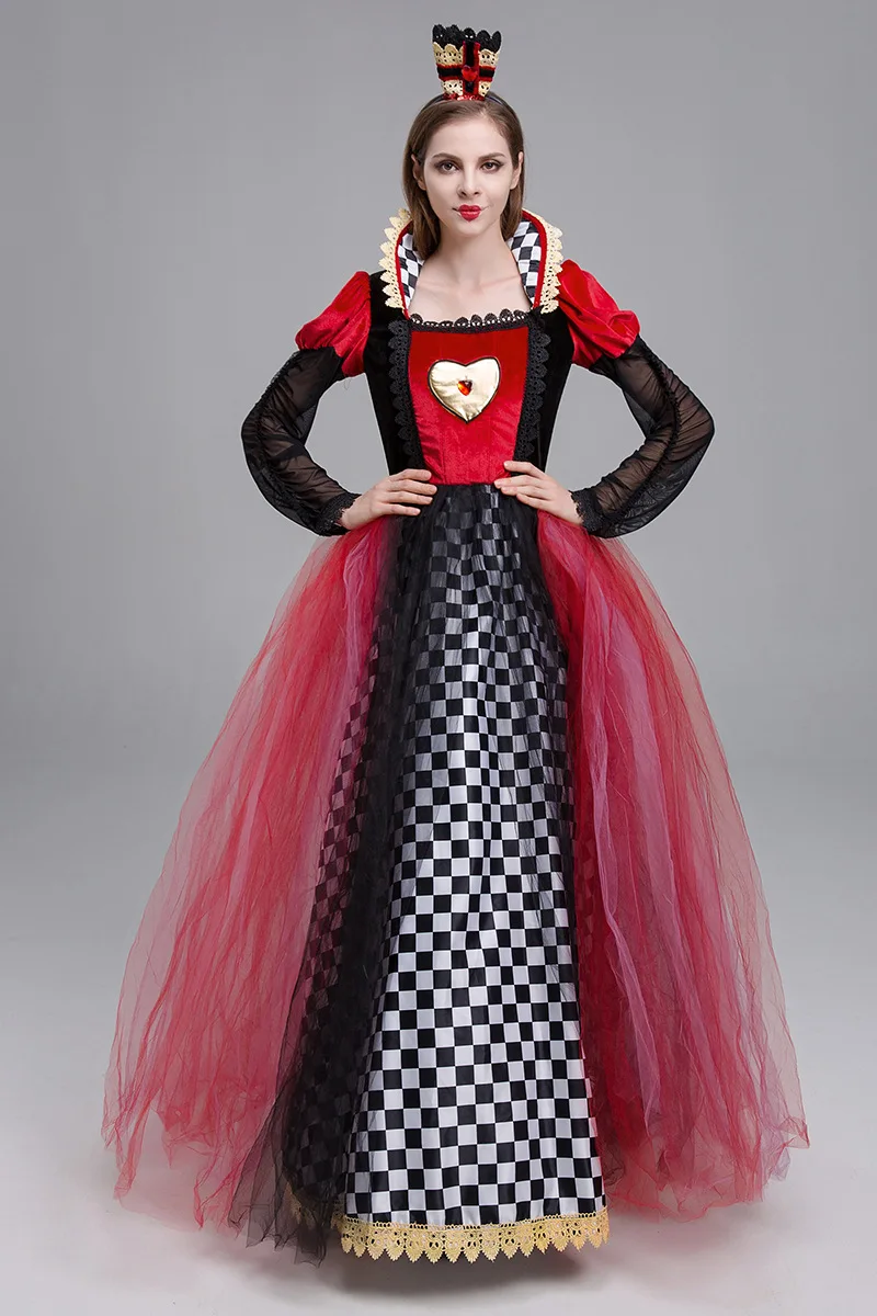 Woman in Queen of Hearts red costume with crown