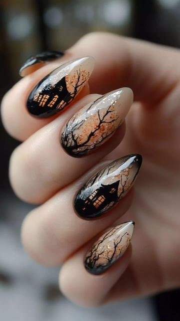 Pale Nude with Haunted House Silhouette