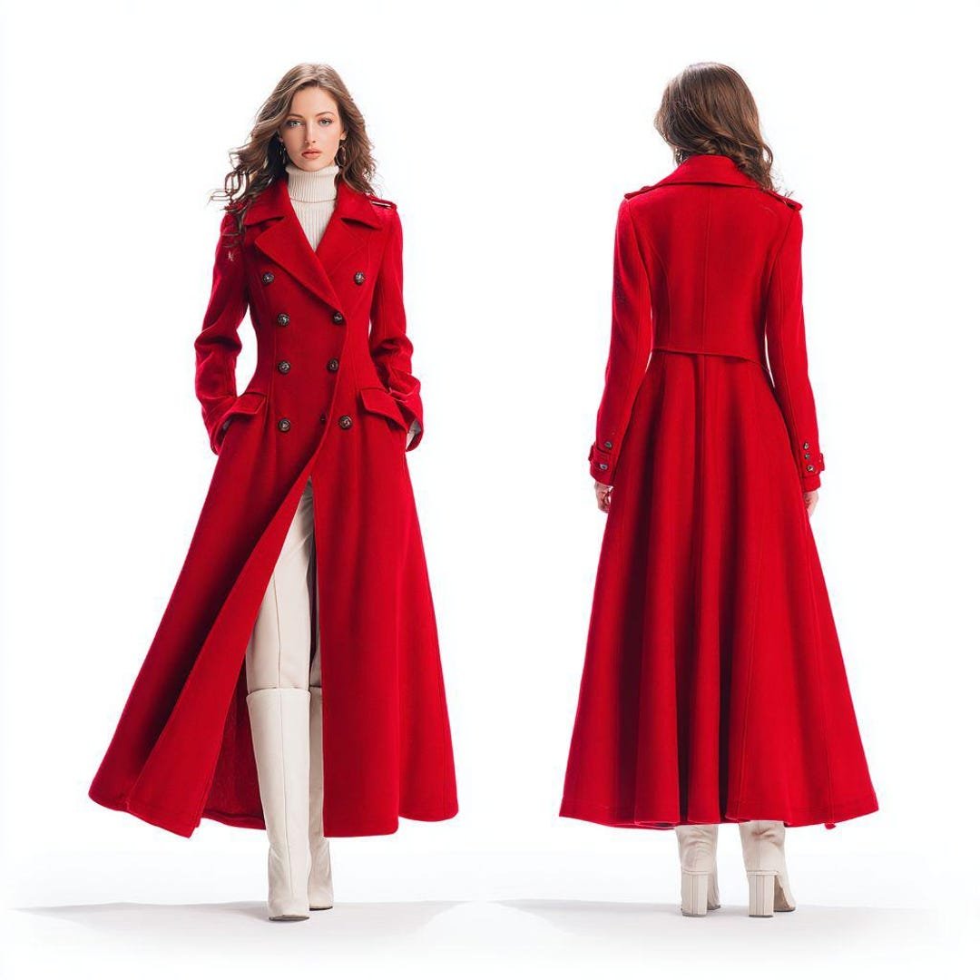 Woman wearing a statement red wool coat in winter