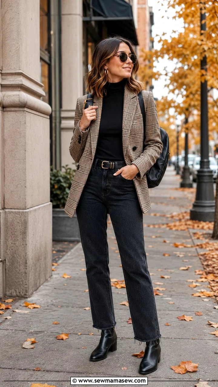 Woman wearing a plaid blazer with black turtleneck and jeans for fall