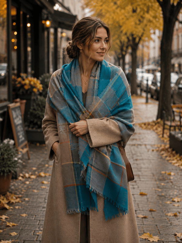 Woman wearing an oversized plaid scarf with a camel coat