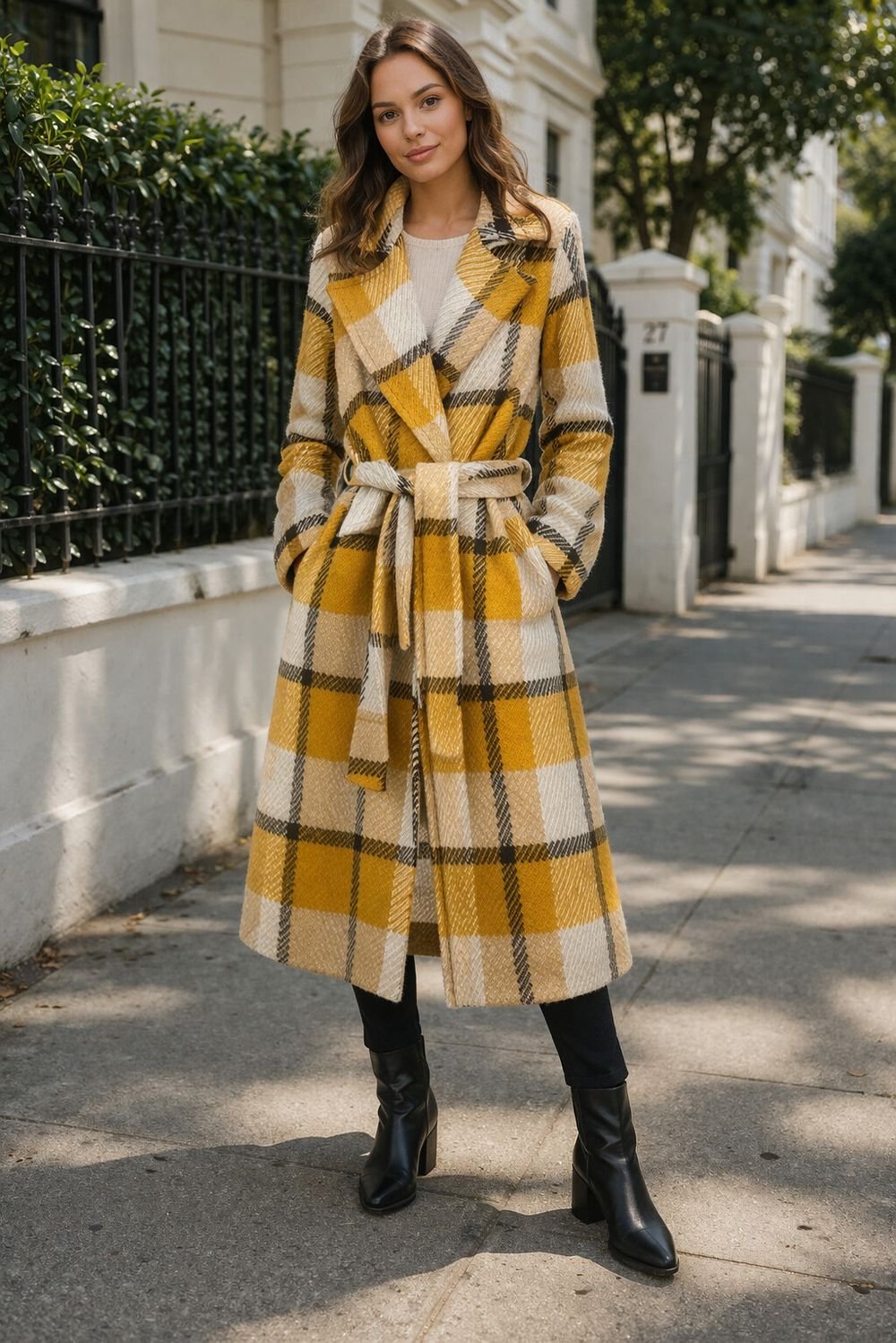 Woman wearing a plaid wrap coat with belt for fall