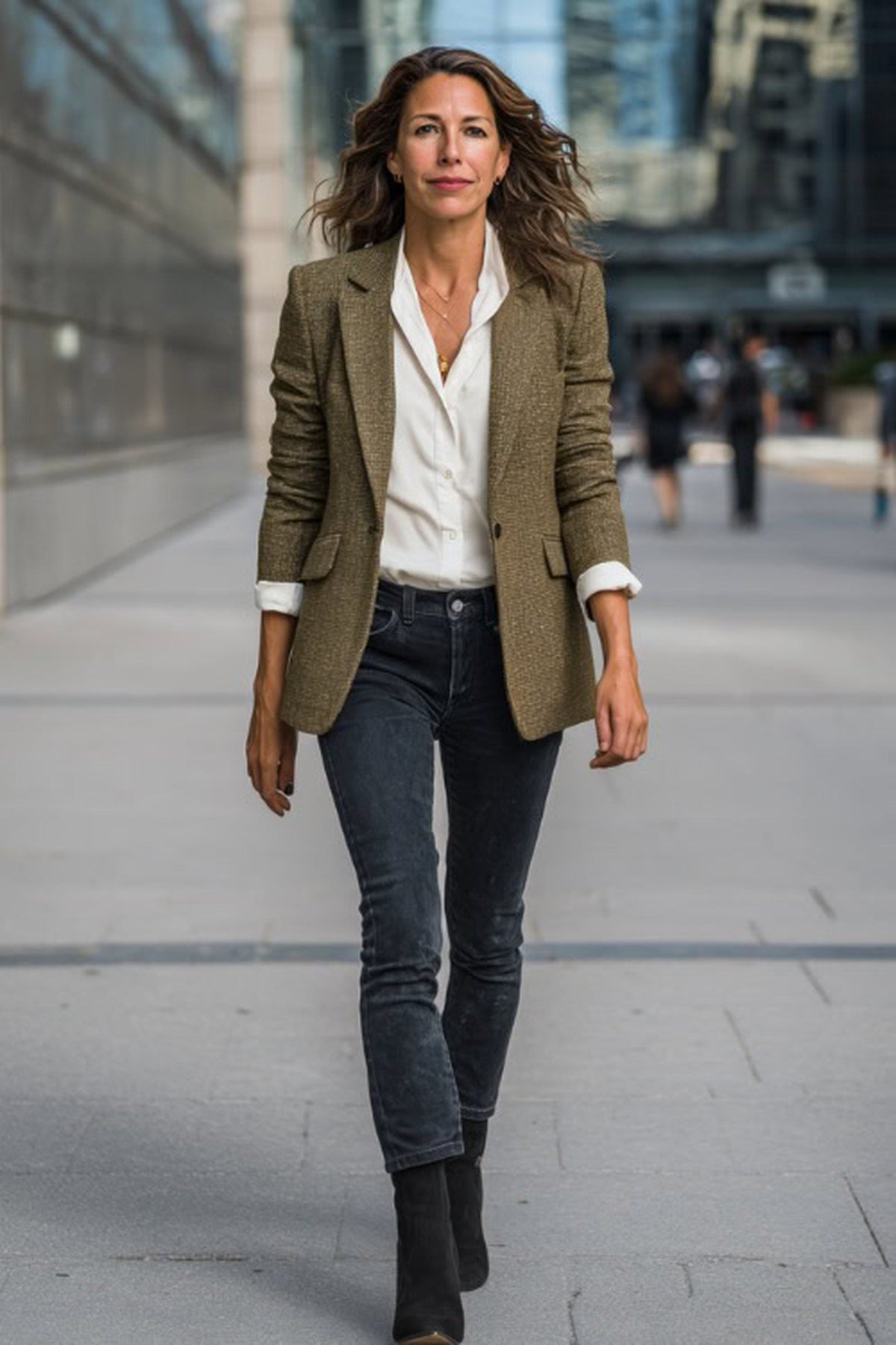 Woman over 40 wearing a tweed jacket with black trousers for a polished office look