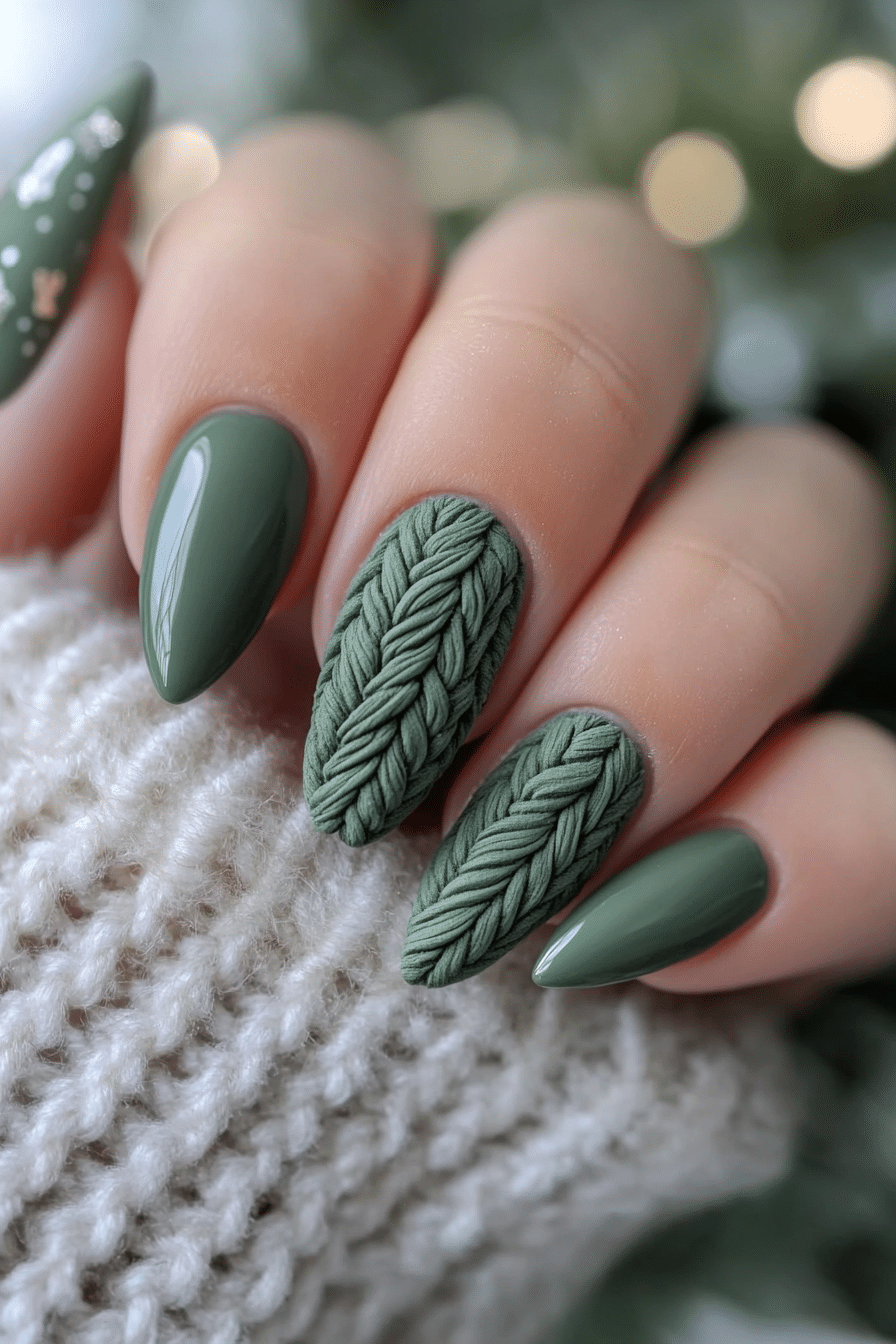 7. Sage Green Cable Knit Nails