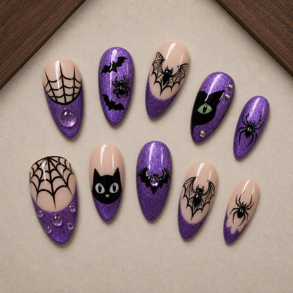 Purple glitter halloween press on nails