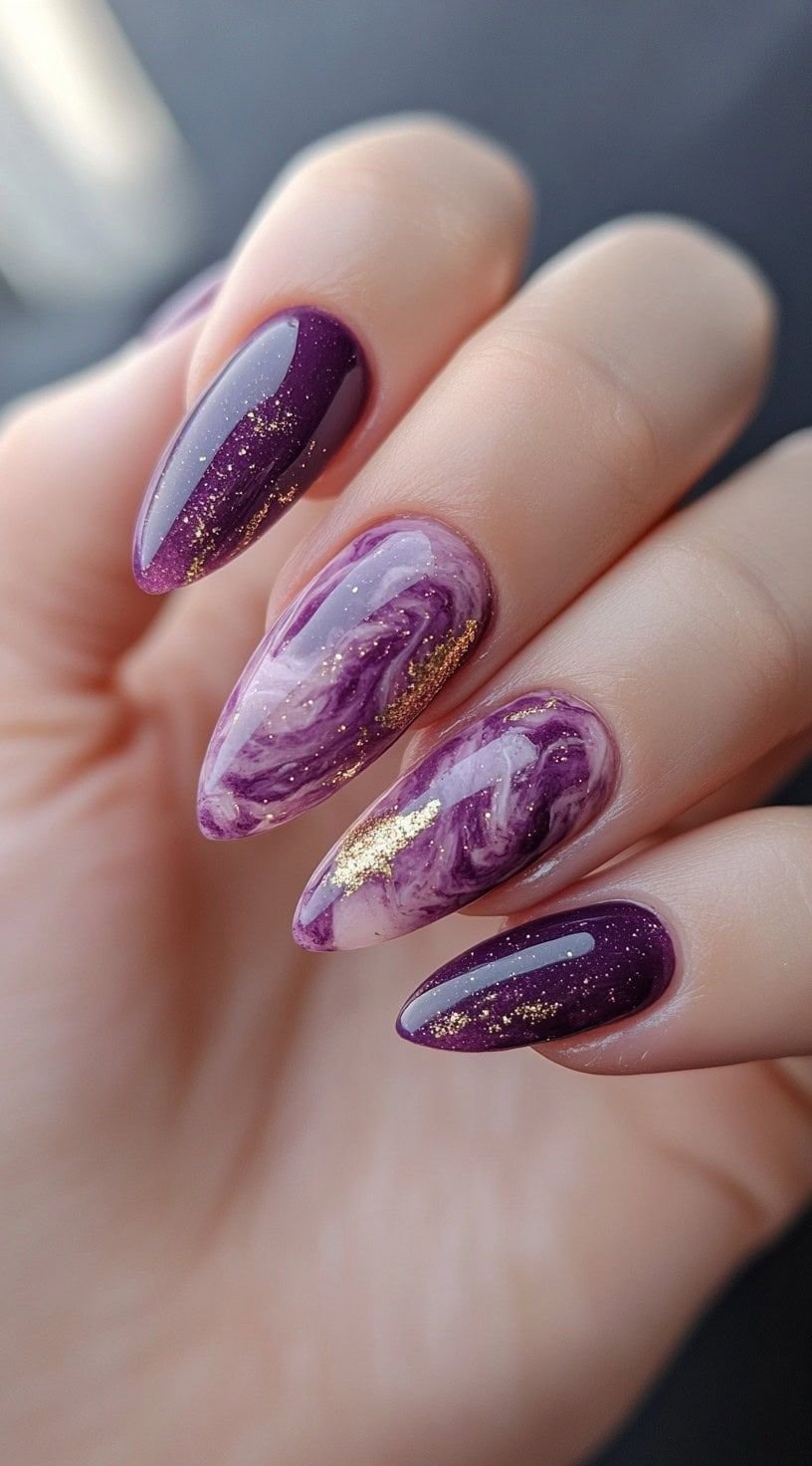 Plum Marble Nails Gold Veins