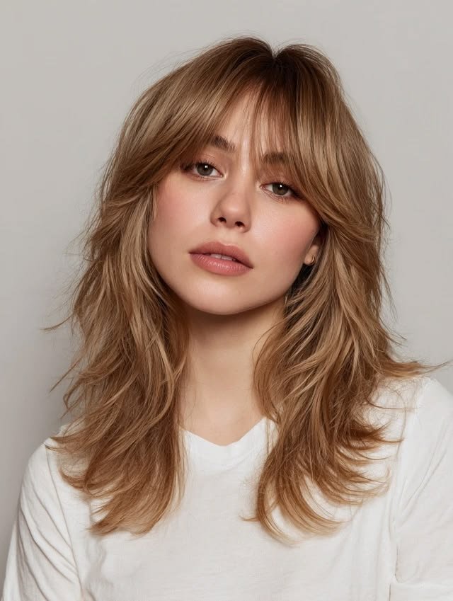 Bronde hair with curtain bangs