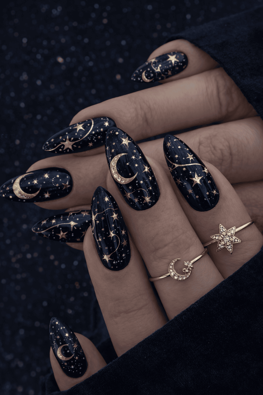 Crescent moon nail art on dark plum nails